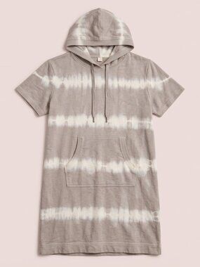 Taupe & White Tie-Dye Short Sleeve Hoodie T-Shirt Dress